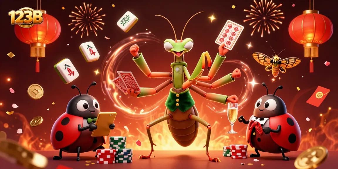 Engage with 123B through thrilling games featuring a mantis card sharp and ladybug pit boss in a vibrant casino setting.