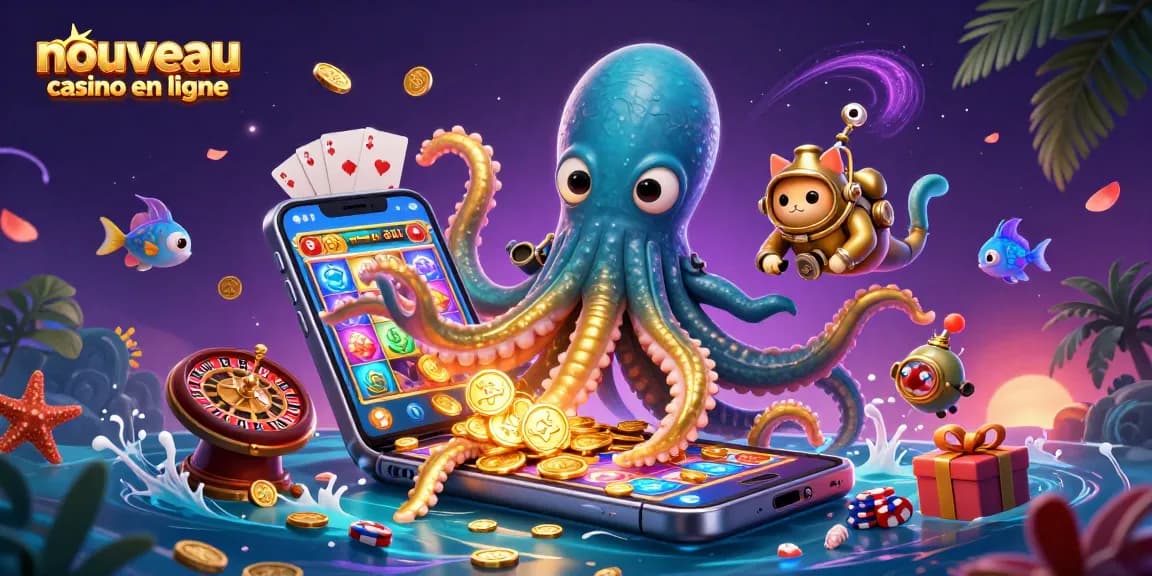 Découvrez le nouveau casino en ligne avec une illustration d'un kraken doré et un chat plongeur entourés de jeux et de trésors.