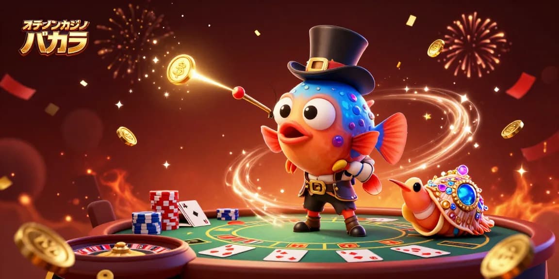 オンラインカジノ バカラのゲームシーンで、遊ぶための魅力的なキャラクターと華やかな演出。