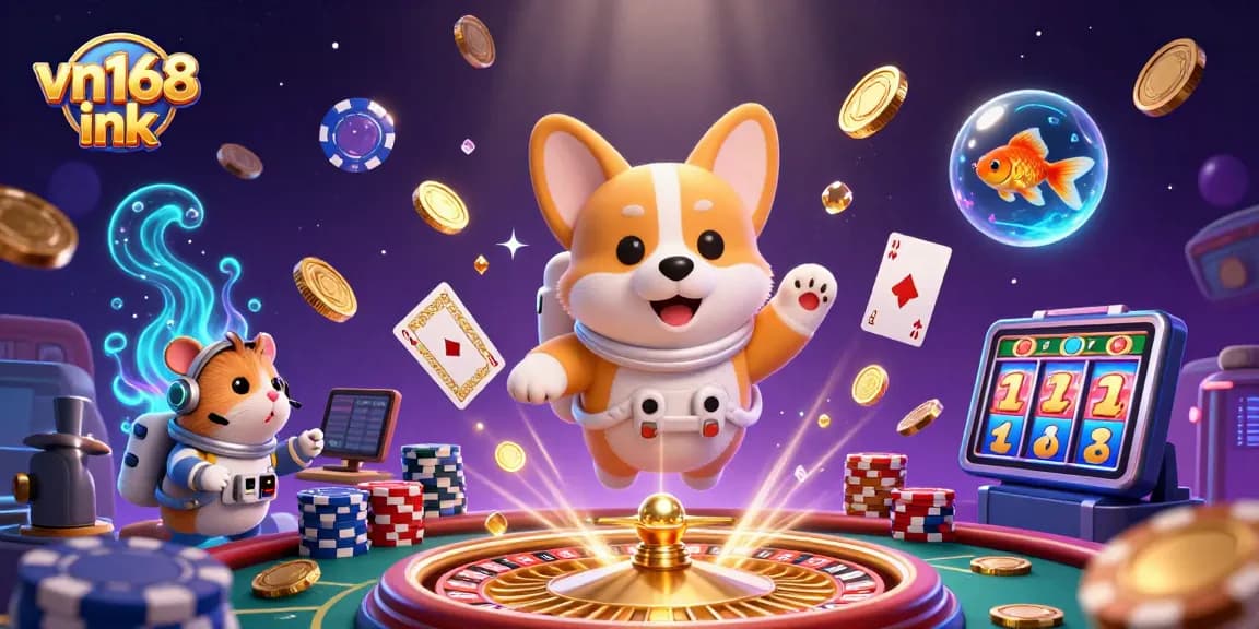 Win big with vn168 ink as the astronaut corgi floats through a dazzling casino scene.