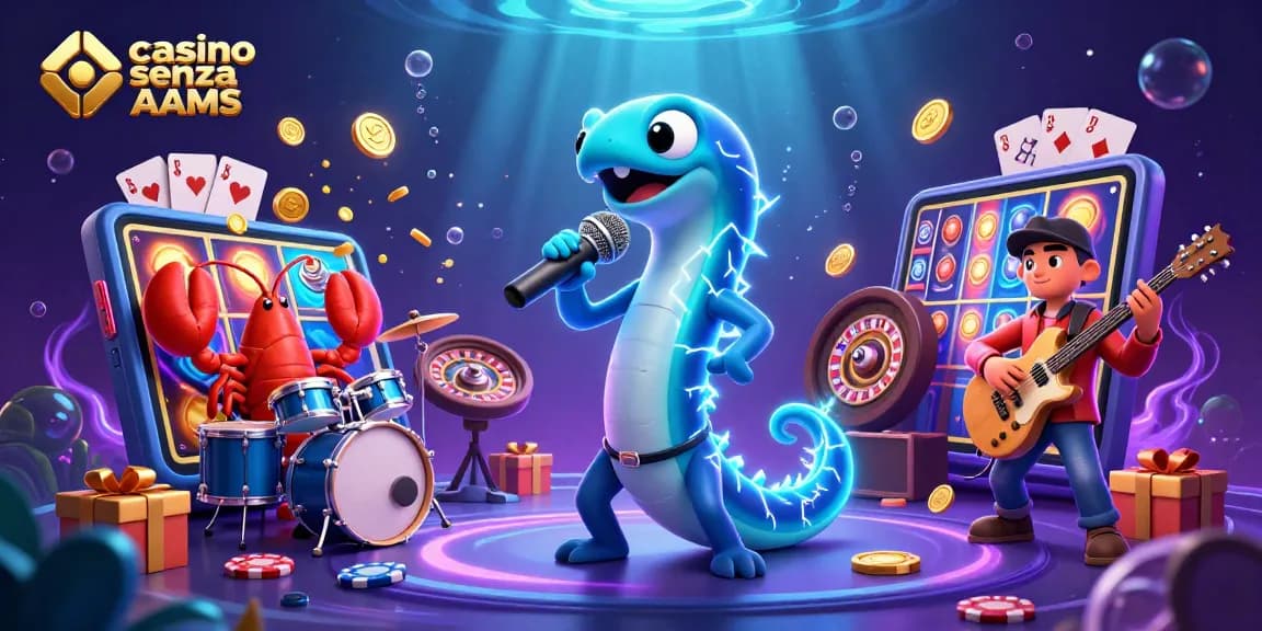 Giocatori si divertono nei casinò senza AAMS con slot e roulette in un'illustrazione vivace.