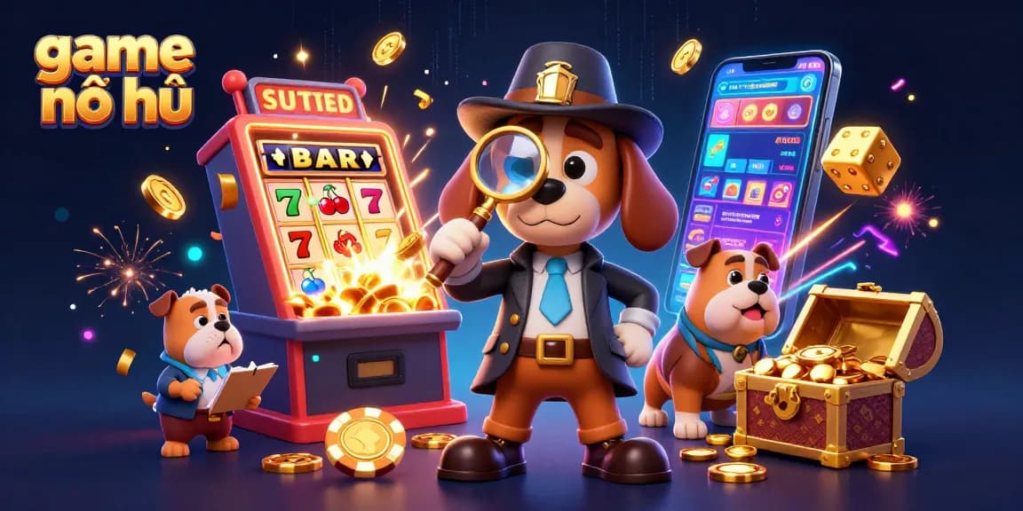 Spin the exciting game nổ hũ amid neon lights and treasures, featuring a detective duo investigating clues.
