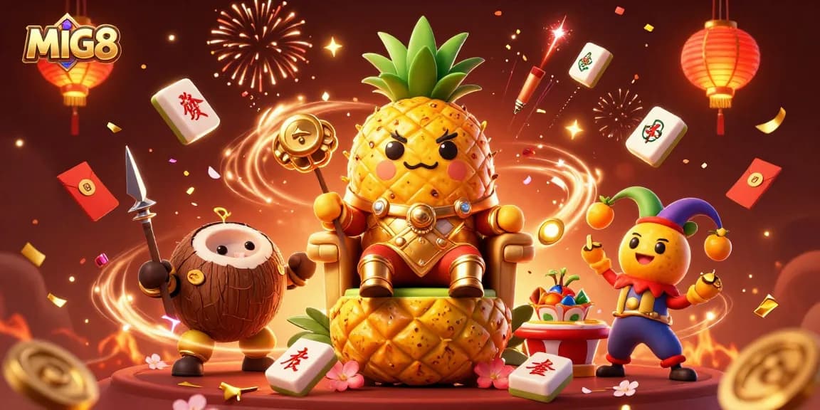 MIG8 brings excitement with golden treasures and dynamic games featuring a fruity cartoon king and lively characters.