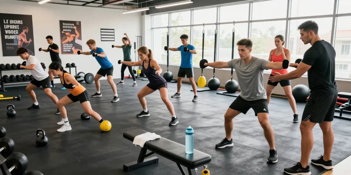 A group of athletes training in a bright gym at the Astera Shop, showcasing diverse workout styles.