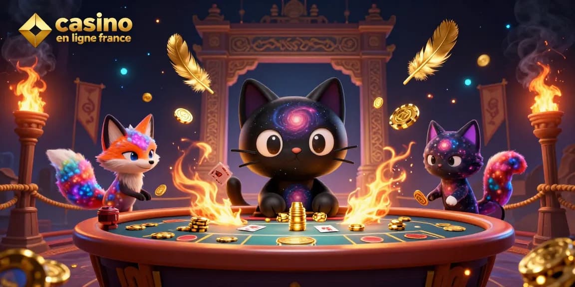 Visualisez un casino en ligne France avec des personnages colorés et des jetons d'or en pleine action.