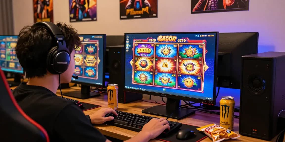 Gamer bermain slot gacor online di ruang nyaman dengan aksesori gaming.