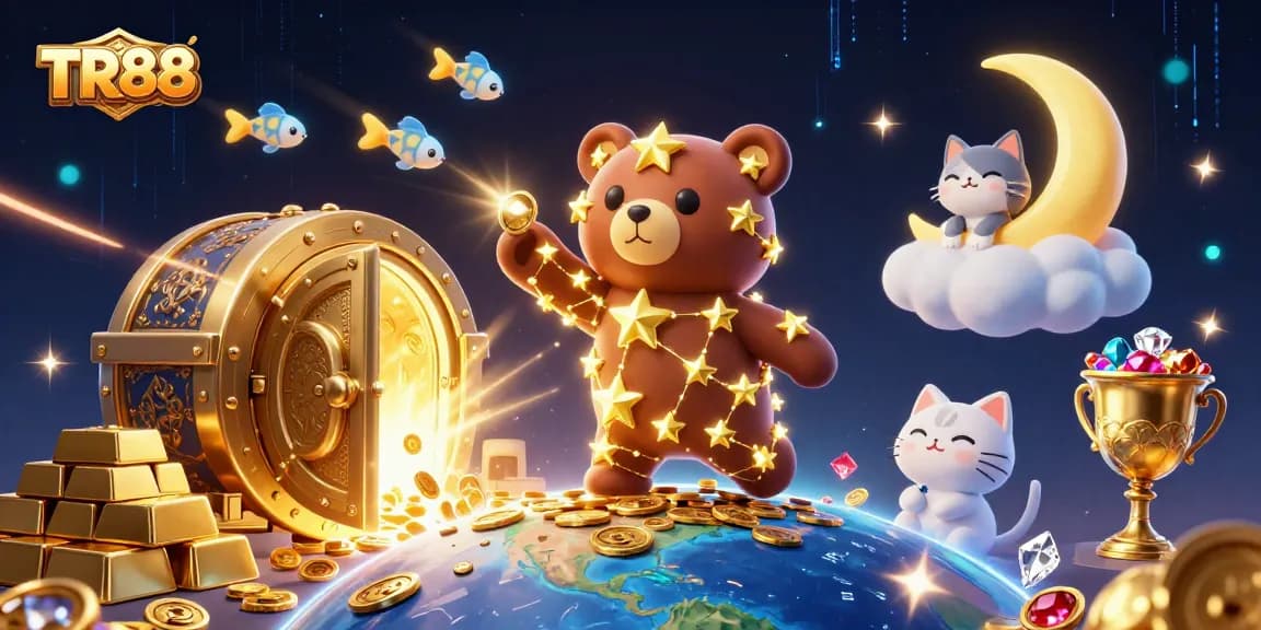 TR88 offers a vibrant scene of a constellation bear collecting coins amidst a dazzling casino atmosphere.