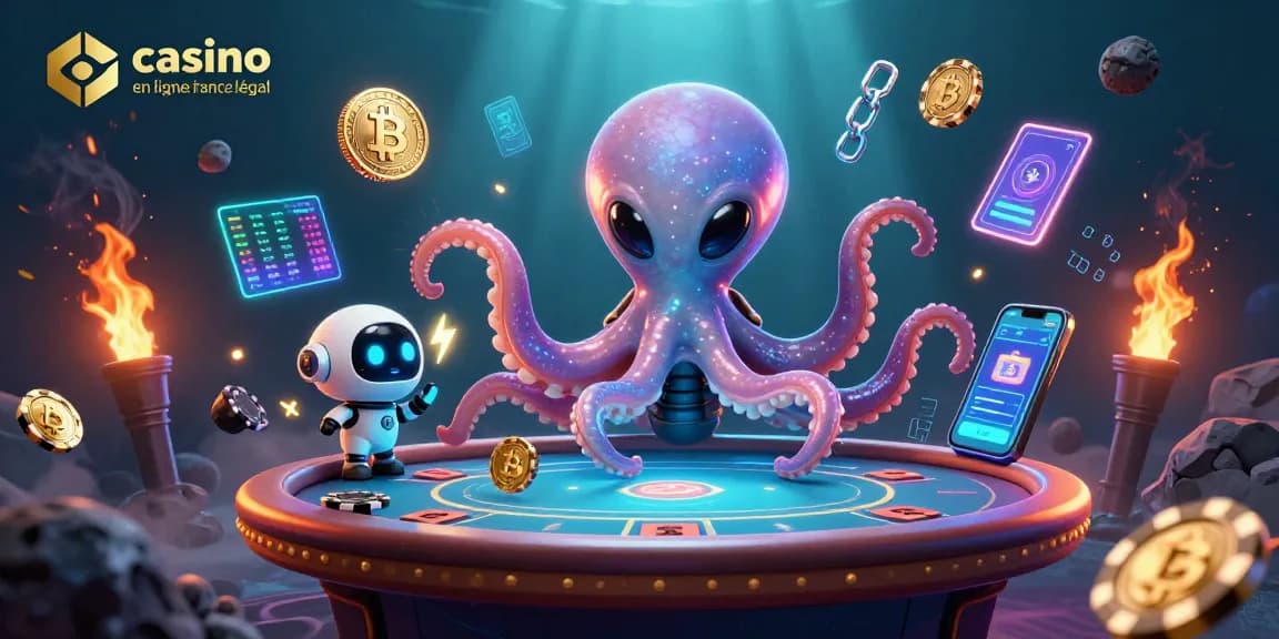 Illustration d'une scène de jeu en ligne avec un casino en ligne légal en France, un poulpe extraterrestre et un robot avec des jetons en forme d'astéroïdes.