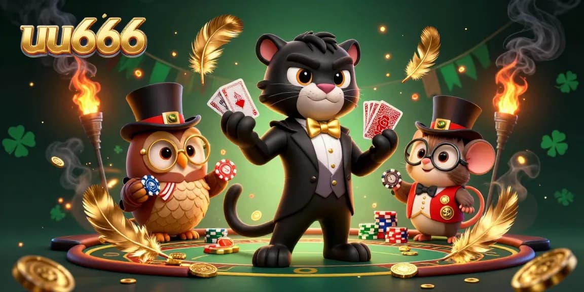 Join the excitement at uu666 as a stylish panther deals cards with a lucky owl and mouse supporting him!
