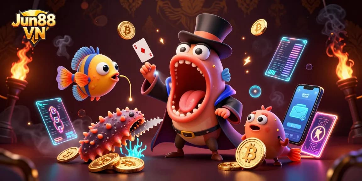 Experience the thrill of Jun88 VN with dynamic 3D characters performing casino magic surrounded by crypto elements.