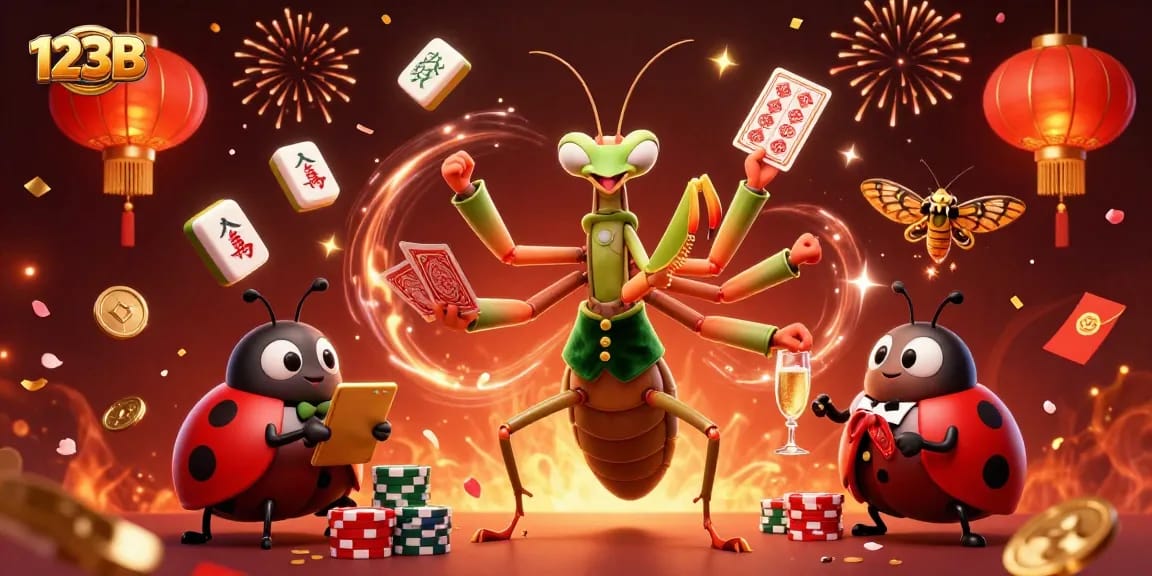 Engage with 123B through thrilling games featuring a mantis card sharp and ladybug pit boss in a vibrant casino setting.