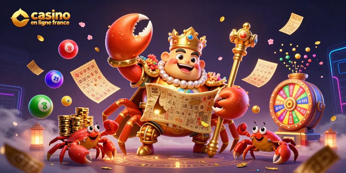 Explorez les jeux captivants sur le casino en ligne France avec un crabe en or et des éléments de fête.