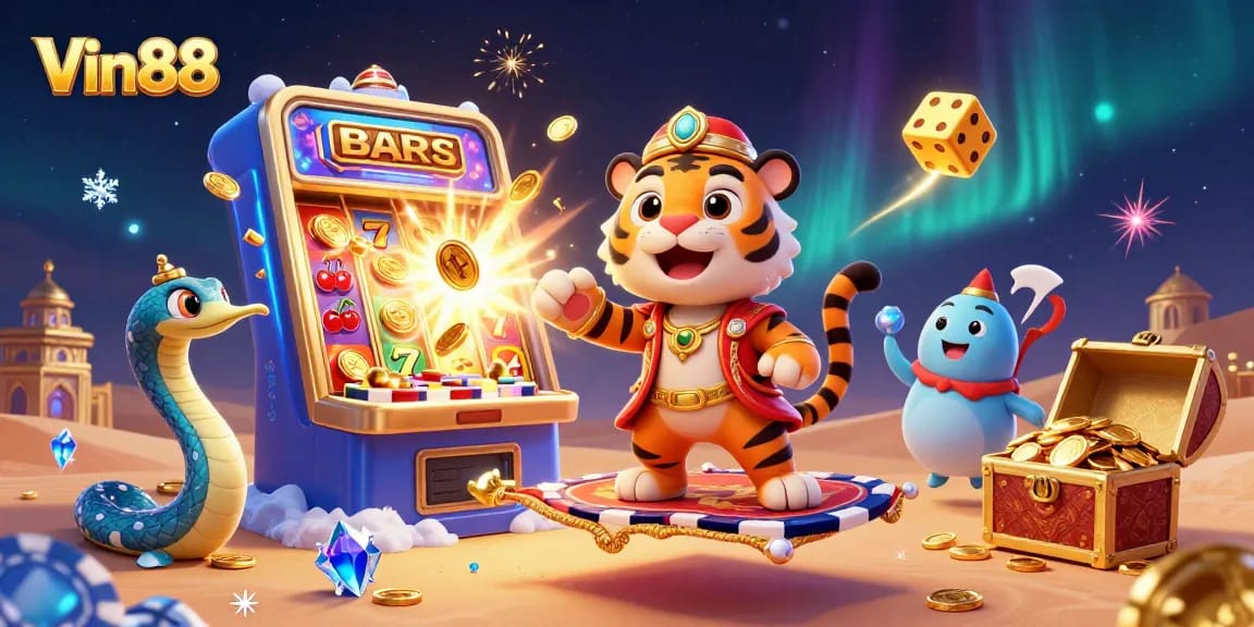Spin to win big with Vin88 in this vibrant 3D casino scene!
