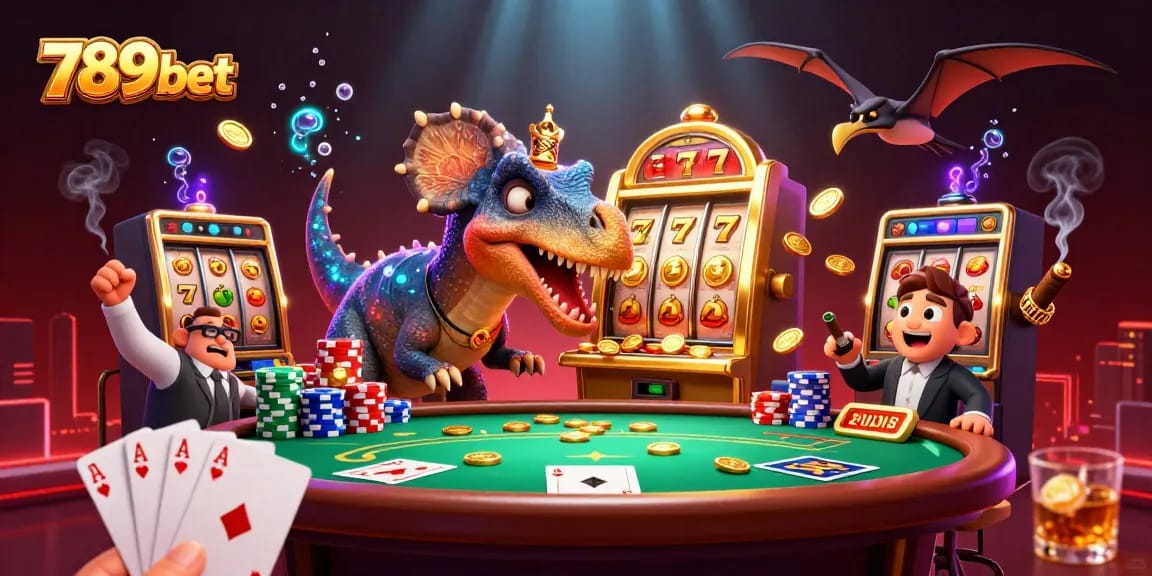 Experience the excitement of 789bet as a pachycephalosaurus plays a jackpot slot, surrounded by vibrant casino elements.