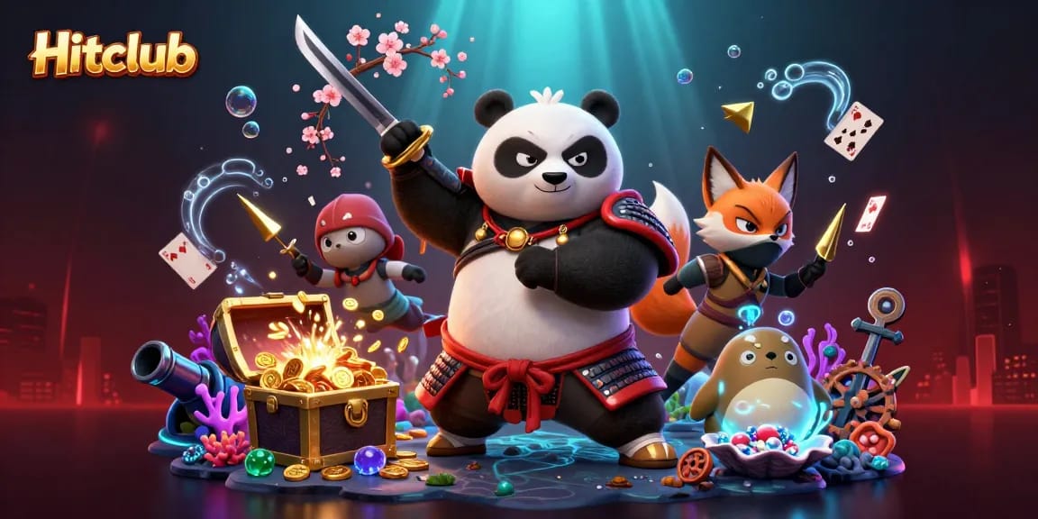 Hitclub brings excitement with animated samurai panda and ninja fox in a vibrant casino scene.