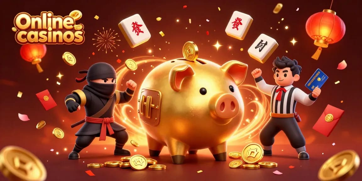 Experience thrilling online casinos with dynamic characters in a vibrant, festive scene filled with excitement.
