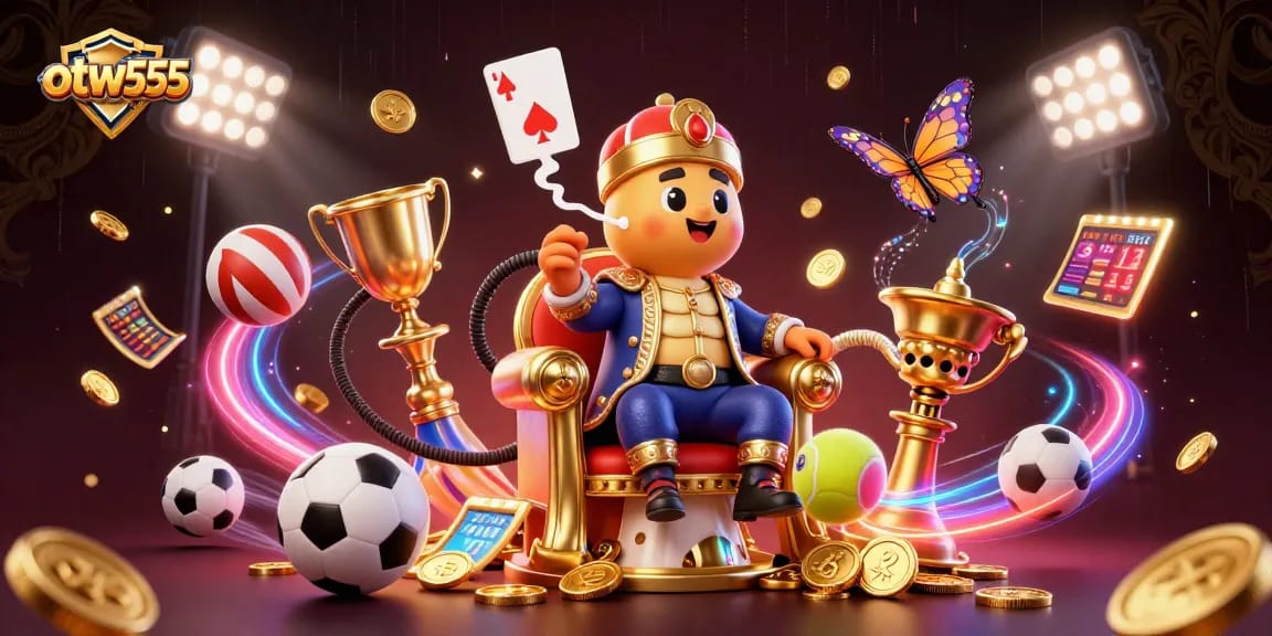Experience otw555 in this dynamic 3D casino illustration with vibrant sports elements.