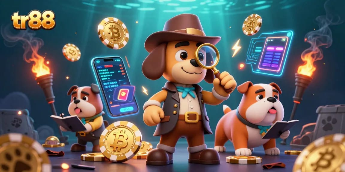 Engage with the thrilling world of tr88 as the detective dog uncovers poker chip treasures in a colorful casino scene.