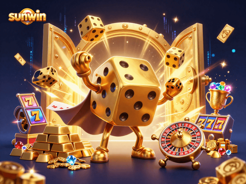 Experience the excitement of sunwin with dynamic 3D characters juggling golden dice and showcasing casino treasures.