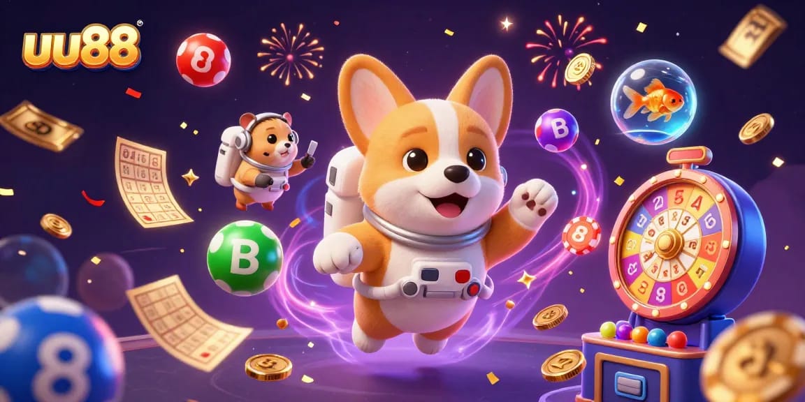 Experience the excitement of uu88 with vibrant lottery balls and playful characters in a dynamic casino scene.