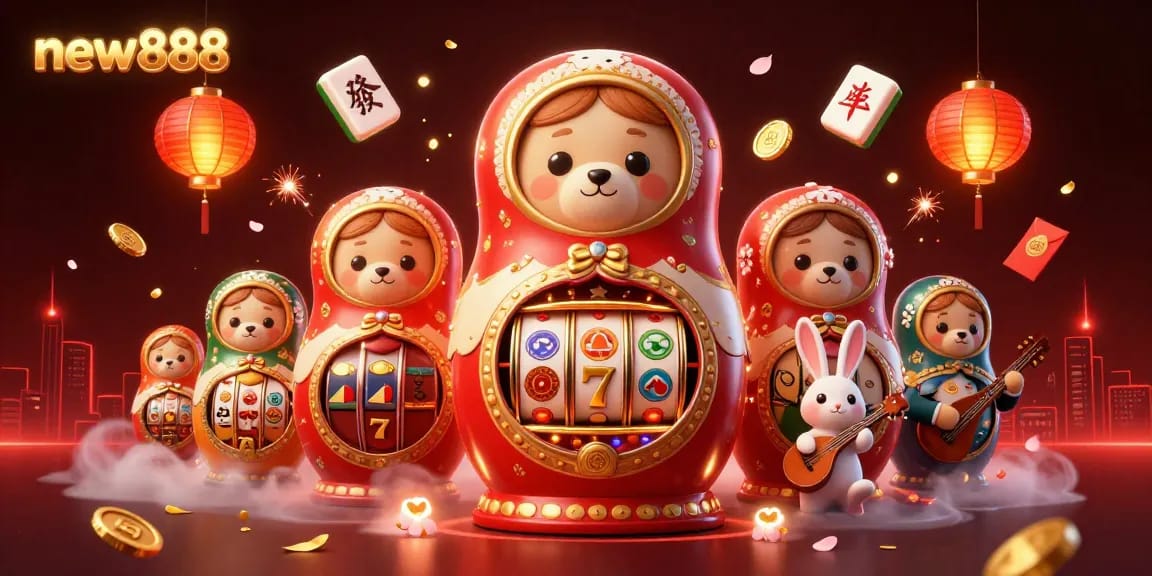 Join the vibrant gambling scene with new888's festive illustration showcasing dynamic casino action.