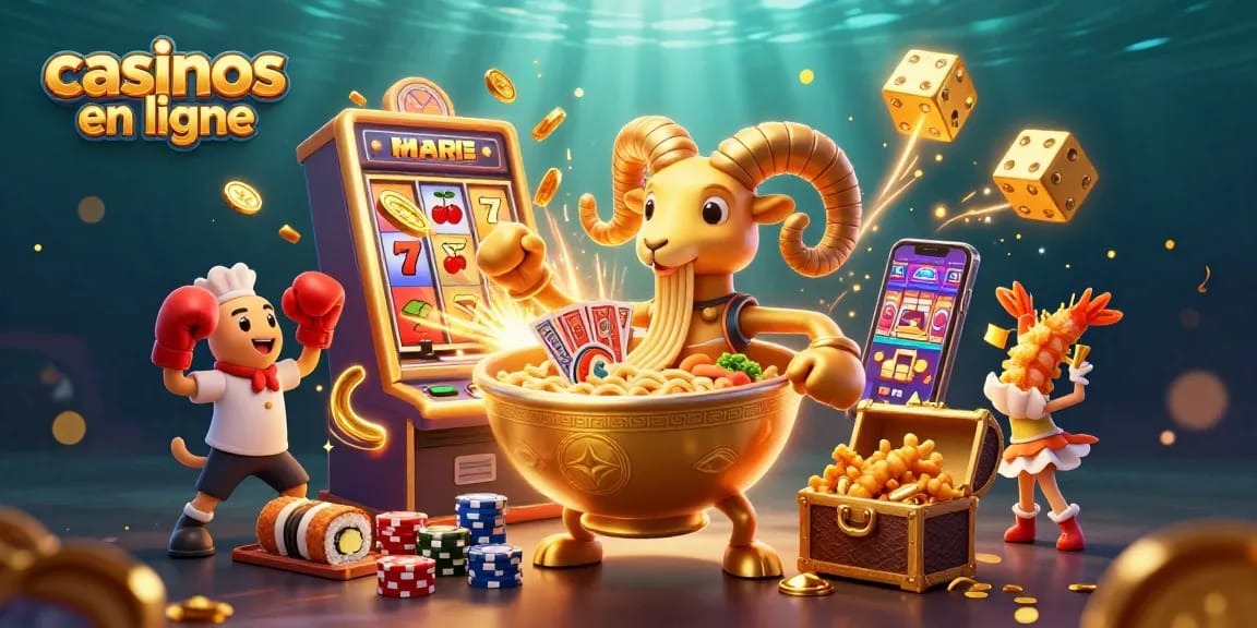 Gagnez gros avec les casinos en ligne dans une illustration dynamique de jeux et de personnages colorés.
