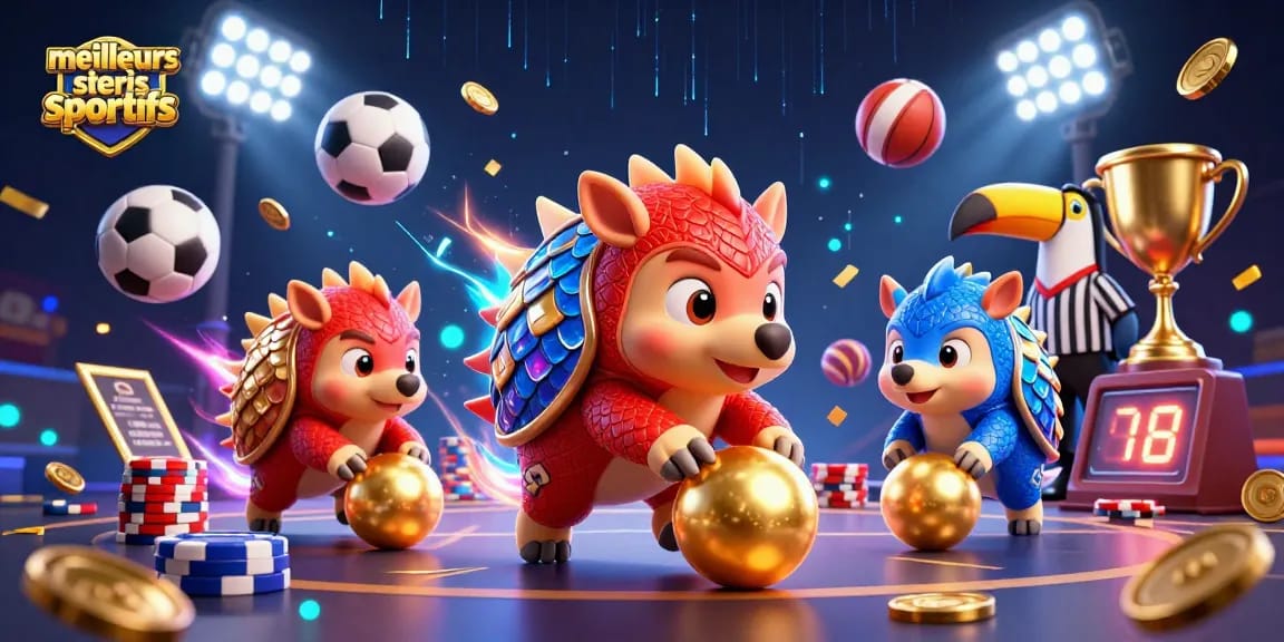 Illustration dynamique des meilleurs sites paris sportifs avec des pangolins en compétition sur des jetons de poker.