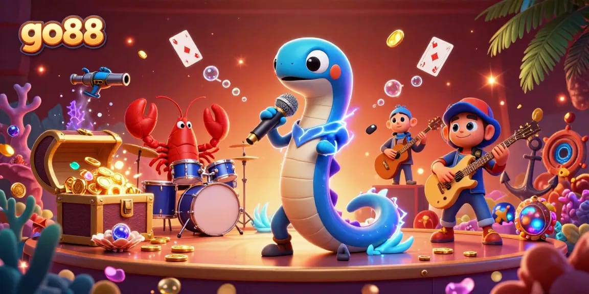 Experience thrilling gaming with go88 as an electric eel DJ and friends in a vibrant underwater casino.