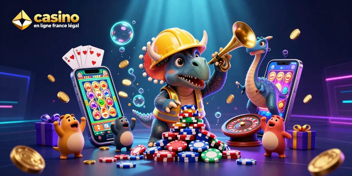 Illustration dynamique célébrant le casino en ligne france légal avec un triceratops et une parade de jeux