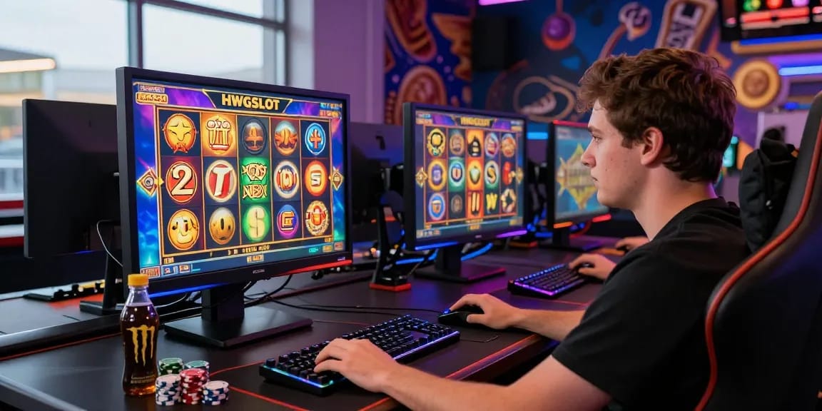 Engaged gamer playing HWGSLOT online slot machine with colorful graphics and modern peripherals.