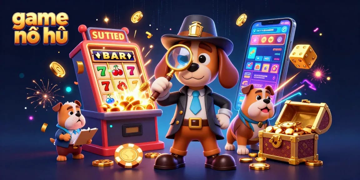 Spin the exciting game nổ hũ amid neon lights and treasures, featuring a detective duo investigating clues.