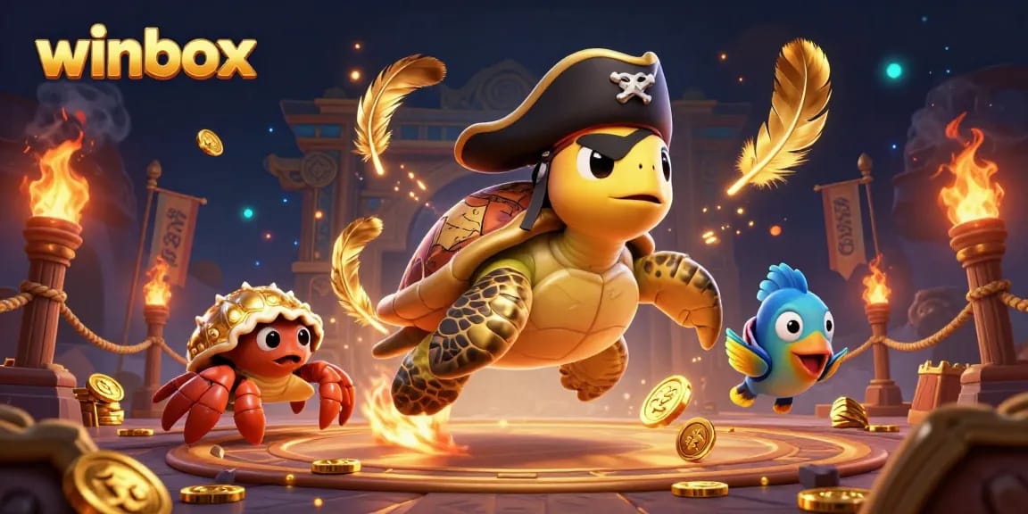 Experience winbox action with a vibrant underwater scene, showcasing gambling-themed characters and treasures.