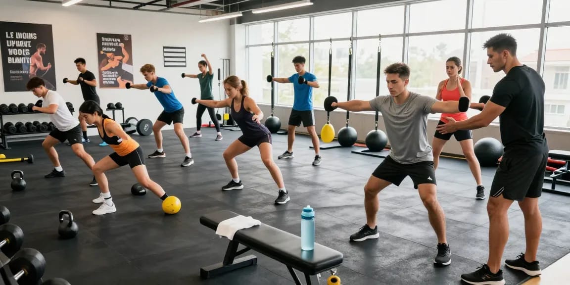 A group of athletes training in a bright gym at the Astera Shop, showcasing diverse workout styles.