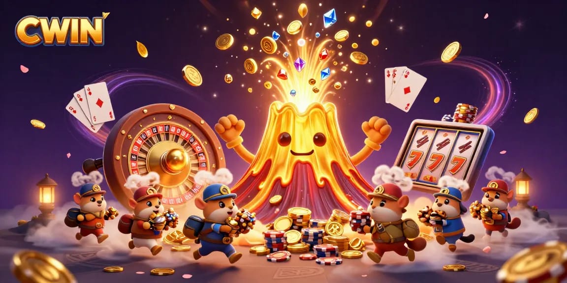 Experience excitement with CWIN as treasures erupt from a golden volcano in a vibrant casino scene.