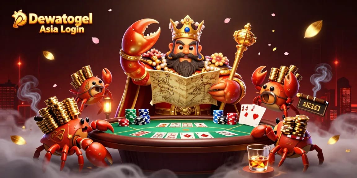 Dewatogel Asia Login - Engage in dynamic online gambling with a vibrant golden crab emperor and poker elements.