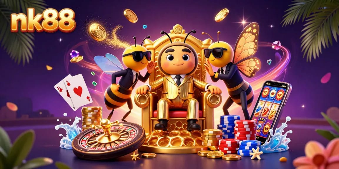 Experience thrilling games at nk88 with a lively illustration of a cartoon casino scene filled with golden treasures.