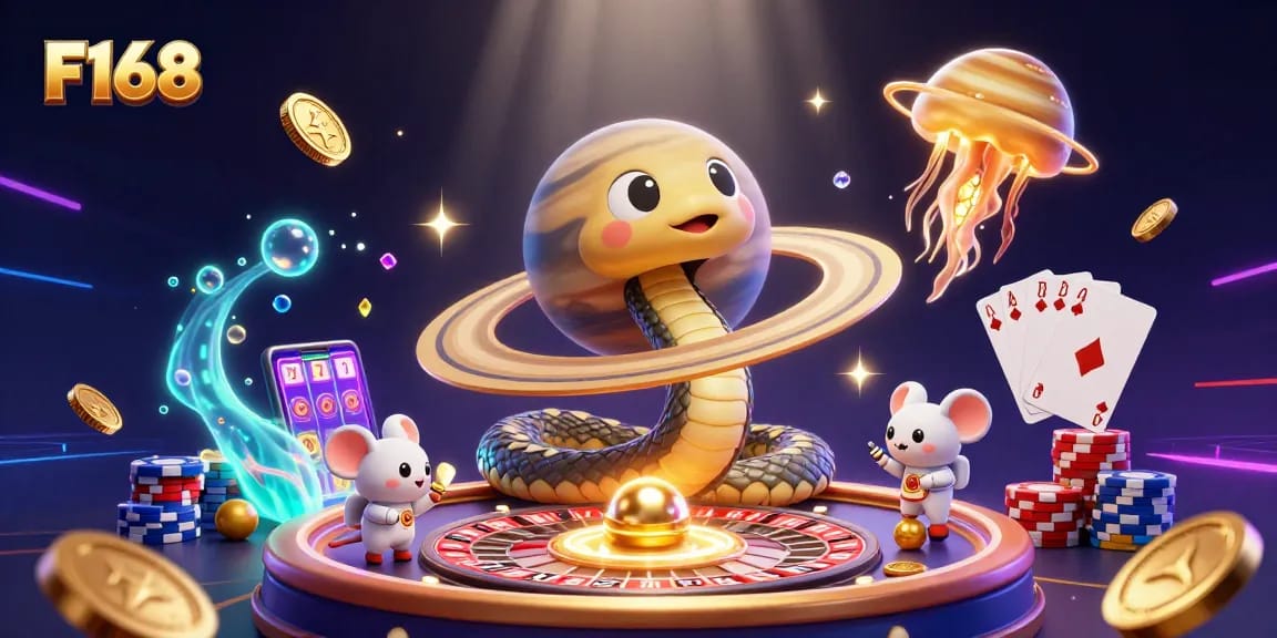 Experience the excitement of F168 with a cosmic gaming scene featuring roulette, astronauts, and dazzling rewards.