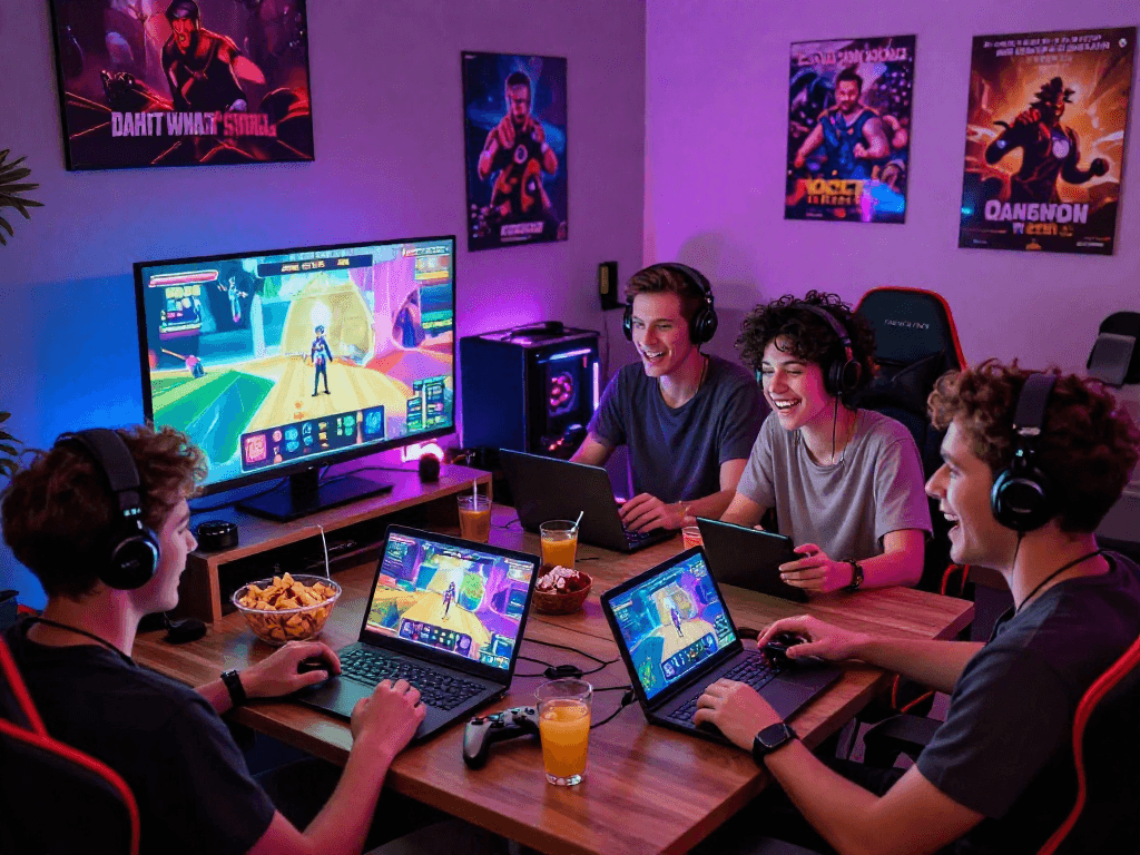 Friends enjoying a fun night playing porn games online together in a game room.