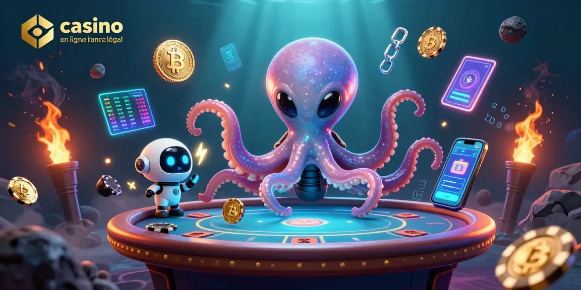Illustration d'une scène de jeu en ligne avec un casino en ligne légal en France, un poulpe extraterrestre et un robot avec des jetons en forme d'astéroïdes.