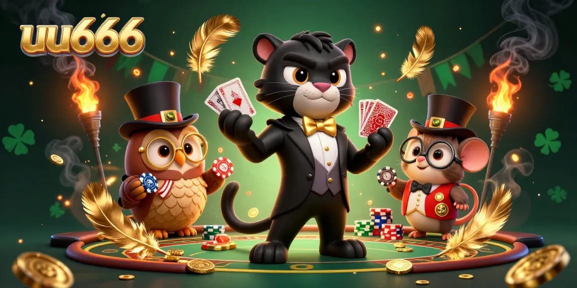 Join the excitement at uu666 as a stylish panther deals cards with a lucky owl and mouse supporting him!