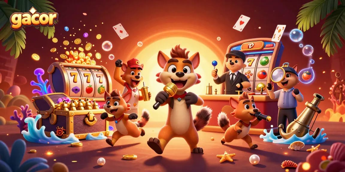 Experience the excitement of gacor slots with hyenas in a vibrant casino scene filled with jackpots and gold coins.