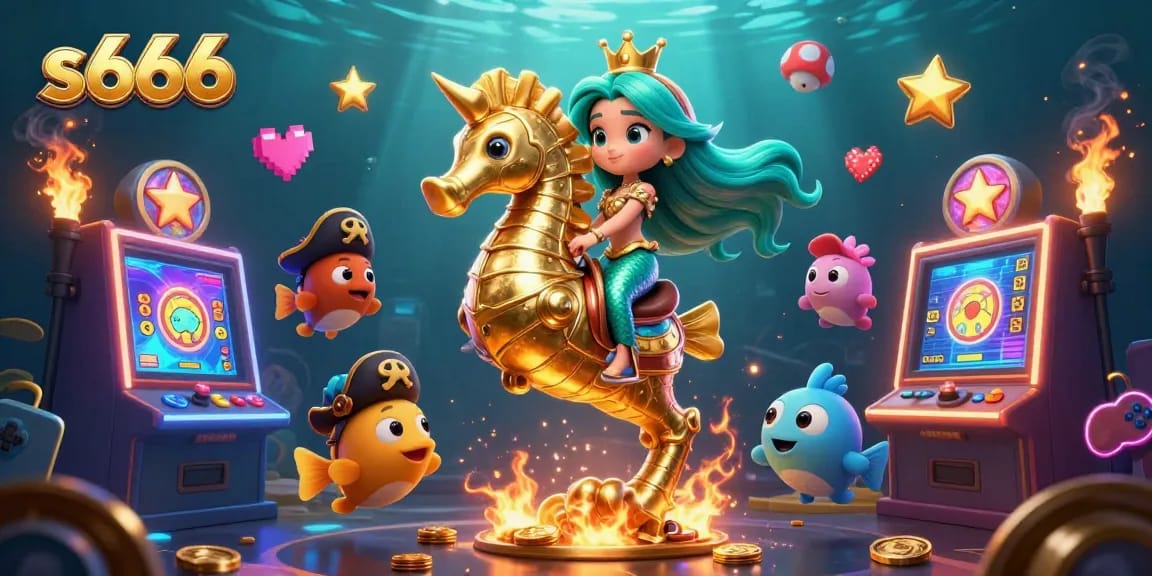 Engage in thrilling jackpot games at s666 with a vibrant underwater scene of a mermaid princess, seahorse and colorful fish.