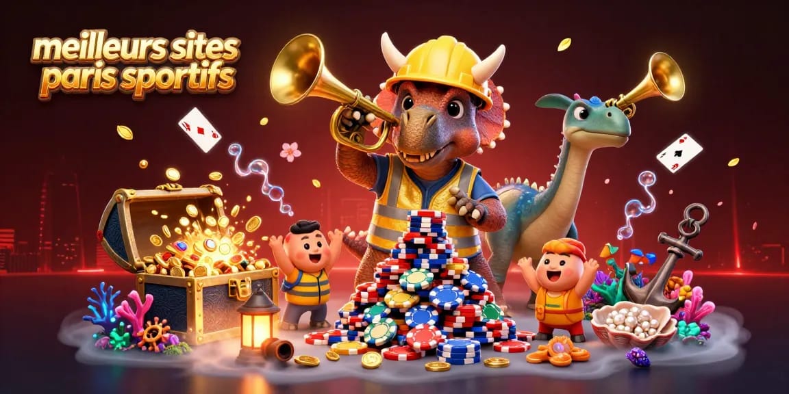 Meilleurs sites de paris sportifs : triceratops et parasaurolophus célèbrent des paris gagnants avec des jetons colorés.