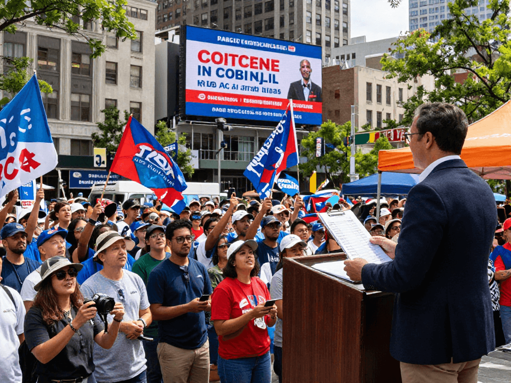 Engaging political rally highlighting geofencing political advertising strategies with enthusiastic supporters and campaign materials.