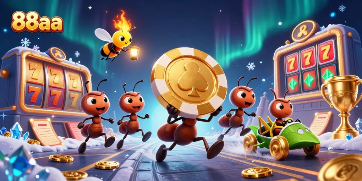 Engage with 88aa's thrilling heist featuring ants carrying a golden poker chip in a dynamic casino scene.