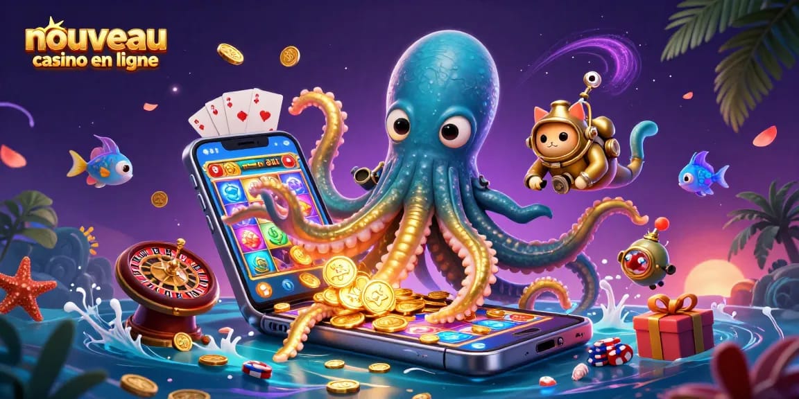 Découvrez le nouveau casino en ligne avec une illustration d'un kraken doré et un chat plongeur entourés de jeux et de trésors.