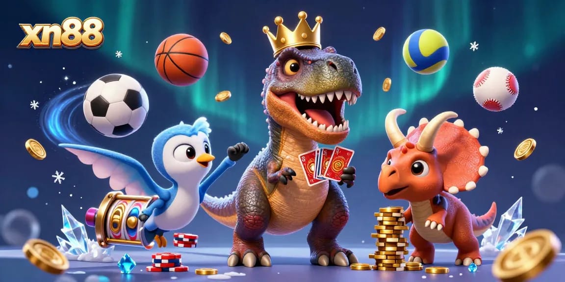 Join the action at xn88, where a T-Rex gleefully shuffles cards while a triceratops stacks chips in this vibrant casino scene.