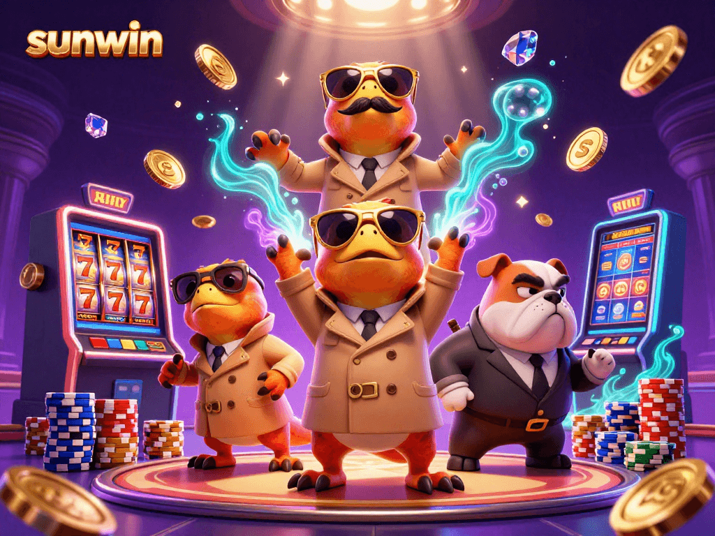 Experience the excitement of sunwin with raptors entering a VIP casino lounge, surrounded by vibrant gaming elements.