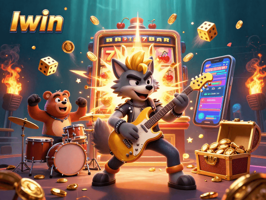 Iwin brings excitement to the casino scene with a cartoon rock star wolf and a drummer bear in a dynamic jackpot explosion.