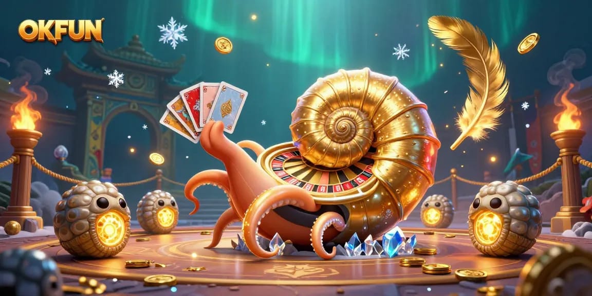 Engage in thrilling gaming with OKFUN featuring a giant nautilus, roulette wheel, and antique treasures.